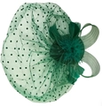 Detailed close-up of dark green vintage fascinator veil with polka dots and feathers - Green