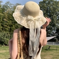Elegant beige straw sun hat for women featuring white lace trim and a large chiffon bow - Small Silk Knot Beige