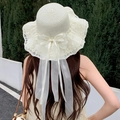 Elegant beige straw sun hat with large organza bow and delicate lace brim for summer - Small Silk Knot Milky White