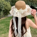 Khaki straw sun hat with white lace trim and a large chiffon bow for summer vacation - Small Ribbon Khaki