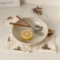 Japanese style ink-splatter ceramic bowl with wooden handle cutlery and bear napkin - Splatter Soup Plate and Cutlery Set