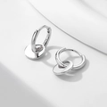 Minimalist 925 sterling silver hoop earrings with round disc charm in polished finish - 925 Silver / White Gold