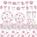 Pink shell and bow themed disposable party tableware set with plates and cups - Shell Bowknot Tableware Set