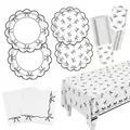 Pink bowknot party tableware set including paper plates, cups and tablecloth - White Base Black Bowknot Tableware Set