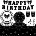 Black and white bow theme birthday party tableware set with paper plates and cups - Black Bowknot Birthday Tableware Set