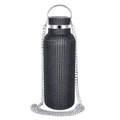 Luxury rhinestone insulated coffee cup in black finish with portable silver chain strap - Black Mesh Black Rhinestones / 350ml (12oz) With Aluminum Chain