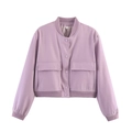 Detail view of lavender bomber jacket featuring ribbed collar and large utility chest pockets - Light Purple