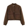 Detail of dark brown jacket showing stand collar, front snap buttons, and large utility pockets - Dark Brown