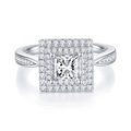 Zilveren ring met 1 karaat princess cut moissanite en dubbele halo zetting - HK Maat 09# / Moissanite Ring