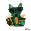 Cute acrylic green bulldog brooch with sunglasses and popcorn, size 7cm x 5.8cm, weight 20.4g - Green Yellow Popcorn Dog (XZ00111)