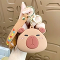 Cute Capybara silicone coin purse keychain with brown character design and gold metal ring - Coin Purse - Kapibala - Brown / Individual Packaging