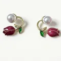 Pink tulip pearl earrings with burgundy petals and gold finish in a floral design - Gold Rose Red