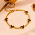 Bracelet élégant chaîne serpent dorée avec cinq breloques papillon noires à bords perlés - Style Papillon Coquillage Noir (L609)