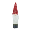 Detail of red knitted Christmas gnome wine bottle cover with white faux fur beard - Red & Grey Stripes