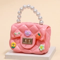 Mini sac pour enfants en silicone rose avec anse en perles et charms colorés mignons - Rose