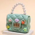 Mint green jelly handbag for kids with pearl handle and cute DIY cartoon patches - Light Green
