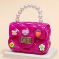 Mini rose red jelly crossbody bag for girls with faux pearl handle and cartoon charms - Rose Red