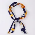 Blue and white striped skinny twilly silk scarf with decorative golden nautical chain pattern - X77