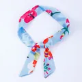 Floral light blue narrow silk twilly scarf for hair accessories or handbag decoration - X41