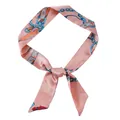 Peach narrow silk scarf featuring a blue chain print accessory for hair or bag - X47