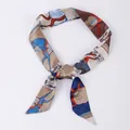 Elegant narrow silk twilly scarf with equestrian horse print for hair or bag decor - X69