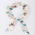 Elegant cream narrow silk scarf with vibrant butterfly print for hair or handbags - X78
