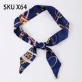 Elegant narrow silk scarf with chain pattern in navy blue and orange for bag decoration. - X64