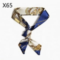 Elegant blue and gold chain print narrow silk scarf accessory for hair or bag handles. - X65