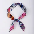 Narrow cartoon print silk scarf used as hair ribbon or bag decor in vibrant colors - X75