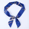 Elegant blue narrow silk scarf with vintage chain pattern for bags and hair - X49