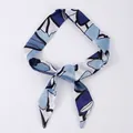 Blue and white abstract geometric pattern narrow silk scarf for bag handle decoration - X51