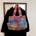 Winter plush checkered tote bag with multi-pockets in vibrant blue and orange - Blue