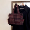 Winter plush check tote bag in burgundy and green with large pockets and shoulder straps - Red