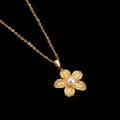 Macro view of gold flower pendant with brushed texture and central pearl on a bead chain - Five-Petal Flower Pearl Pendant (CYN010-4)