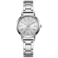 Women's minimalist silver quartz watch with Roman numerals and stainless steel link band - Silver Case White Dial Roman Numerals