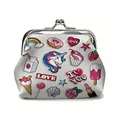 Close-up of white leather coin purse with unicorn cartoon print and metal kiss-lock clasp - Cartoon Unicorn Pattern