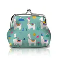 Retro kiss-lock coin purse featuring alpaca and cactus prints on a turquoise background - Happy Alpaca