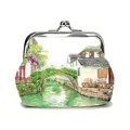 Retro kiss-lock coin purse with Chinese ink landscape painting on white background - Riverside Village