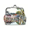 Vintage kiss-lock coin purse with Chinese landscape print for jewelry and earphones - Water Pavilion