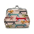 Detailed close-up of a mini leather coin purse featuring colorful cat prints and metal clasp - Long Striped Cat