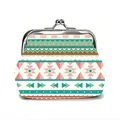 Detail of bohemian geometric pattern canvas coin purse with silver metal kiss-lock frame - Pink Green Brown Ethnic