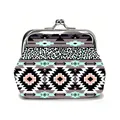 Detail view of retro bohemian kiss-lock coin purse with vibrant geometric patterns - Leopard Patchwork Geometric