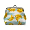 Vintage clasp coin purse featuring banana patterns on a blue striped background - Banana