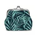 Tropical palm leaf print coin purse with metal clasp closure on navy background - Blue Black