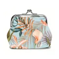 Mini floral kiss-lock coin purse with tropical palm leaf print in light blue finish - Pink & Green