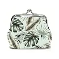 Retro small coin purse with green tropical leaf pattern and silver metal clasp - Dark Green