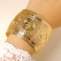 Detailed view of wide gold cuff bracelet featuring vintage floral embossed patterns and lace - Vintage Floral Embossed Wide Bangle (7049) / Gold
