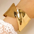 Detailed view of irregular wavy gold wide cuff bracelet with polished hammered texture - Wavy Edge Hammered Open Bangle (2624) / Gold
