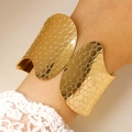 Detail of gold chunky cuff bracelet featuring unique bubble texture and open design - Stereo Bubble Texture Wide Bangle (8012) / Gold