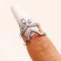 Elegant silver-toned V-shaped nail ring with sparkling cubic zirconia inlay decoration - V-Shaped Double Layer Crown Nail Ring (7213)